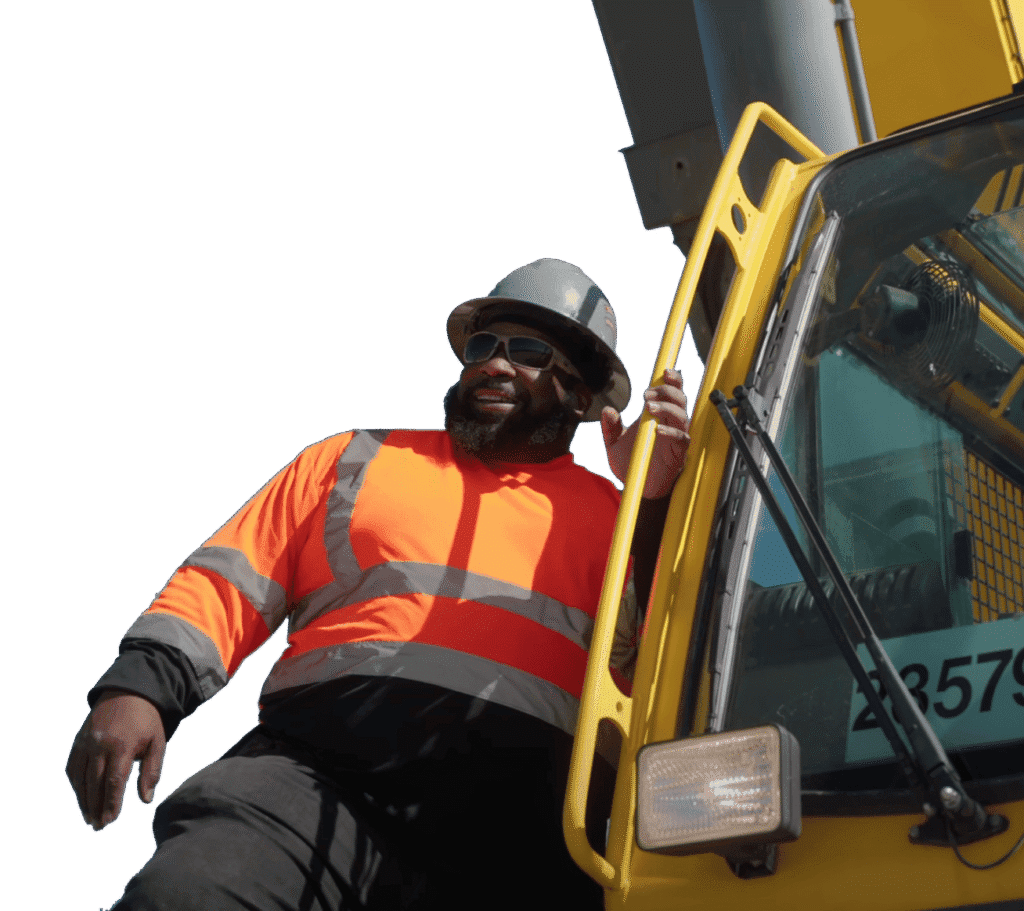 employee stepping off of crane