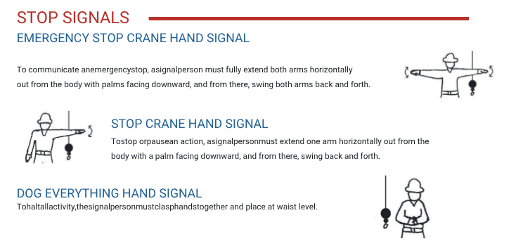 Stop signal chart showing three crane hand signals: emergency stop with both arms extended swinging back and forth, stop with one arm extended palm down, and dog everything with hands clasped at waist level